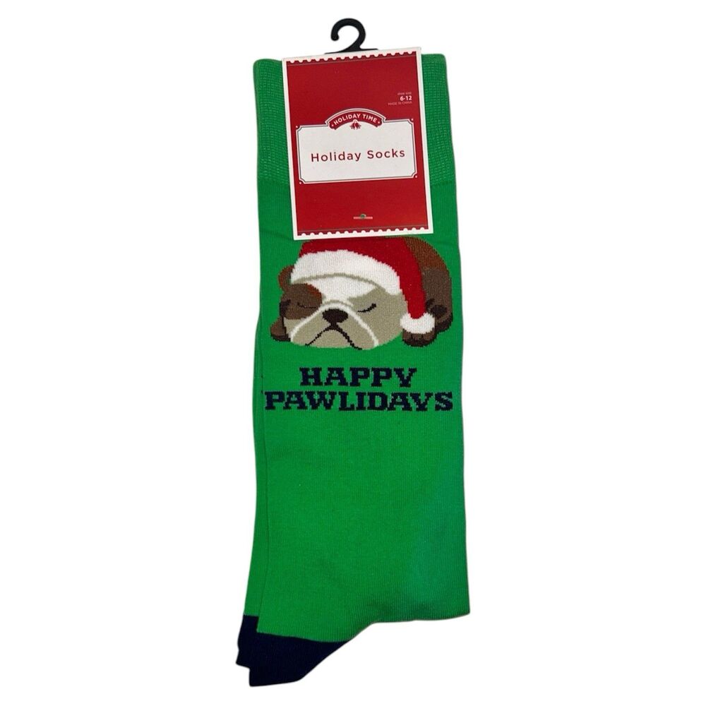 Holiday Time Crew Socks Happy Pawlidays, Shoe Size 6-12